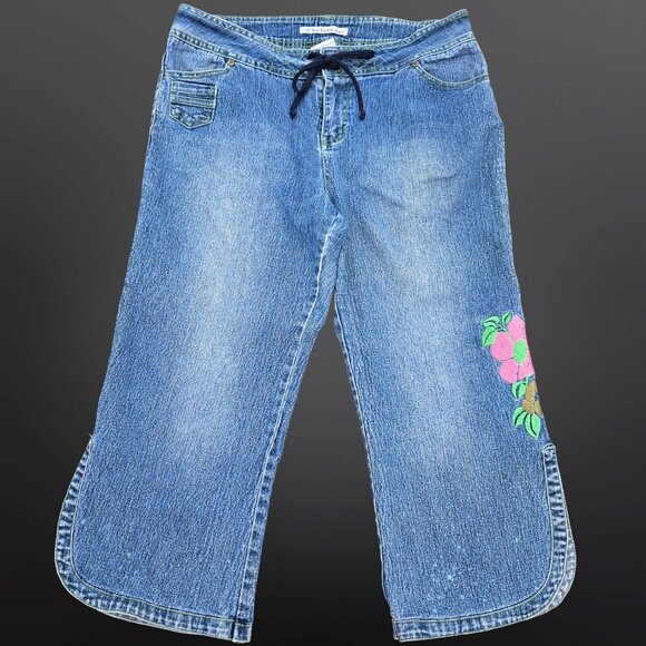 Vintage 90s Y2K Denim Capri Pants Jeans Embroidered Flowers Size 11 Fairy Boho - Picture 1 of 8